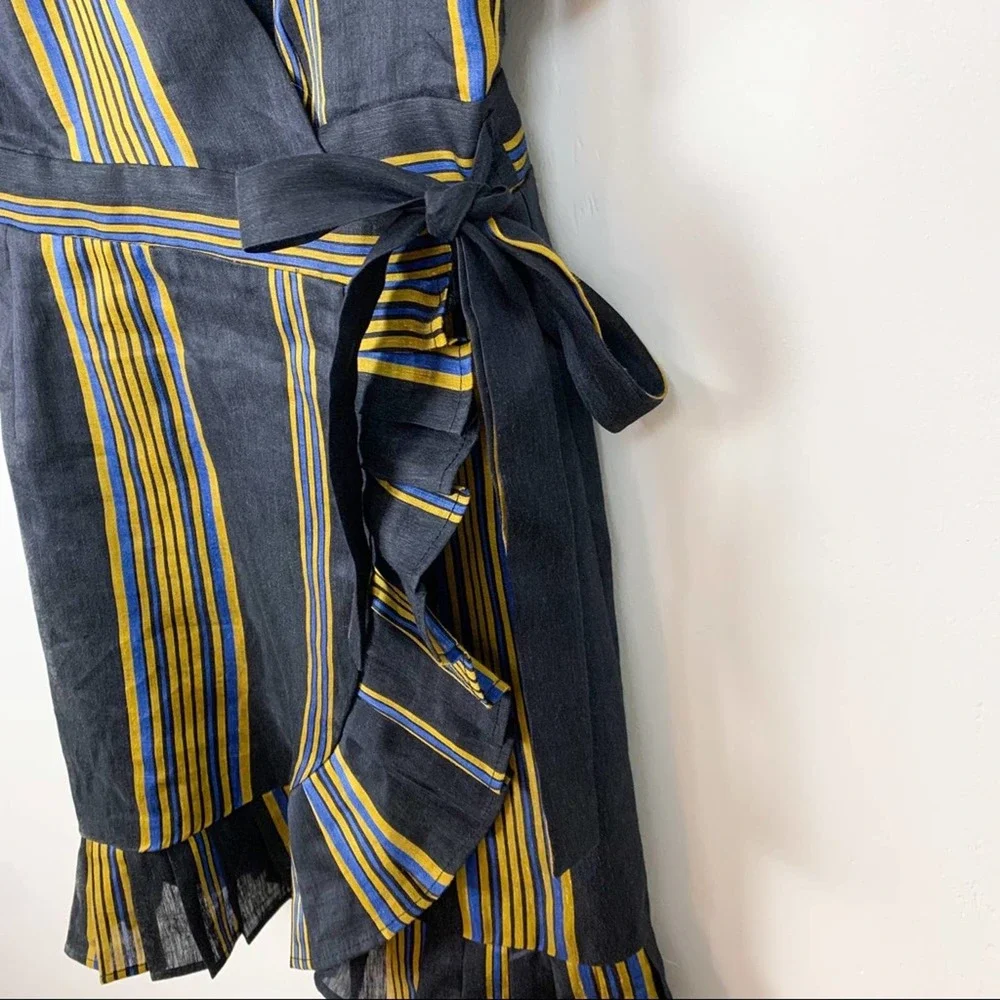 Honeypunch Lulus Black Striped Short Sleeve Ruffle Wrap Mini Dress Size Medium - Picture 5 of 13